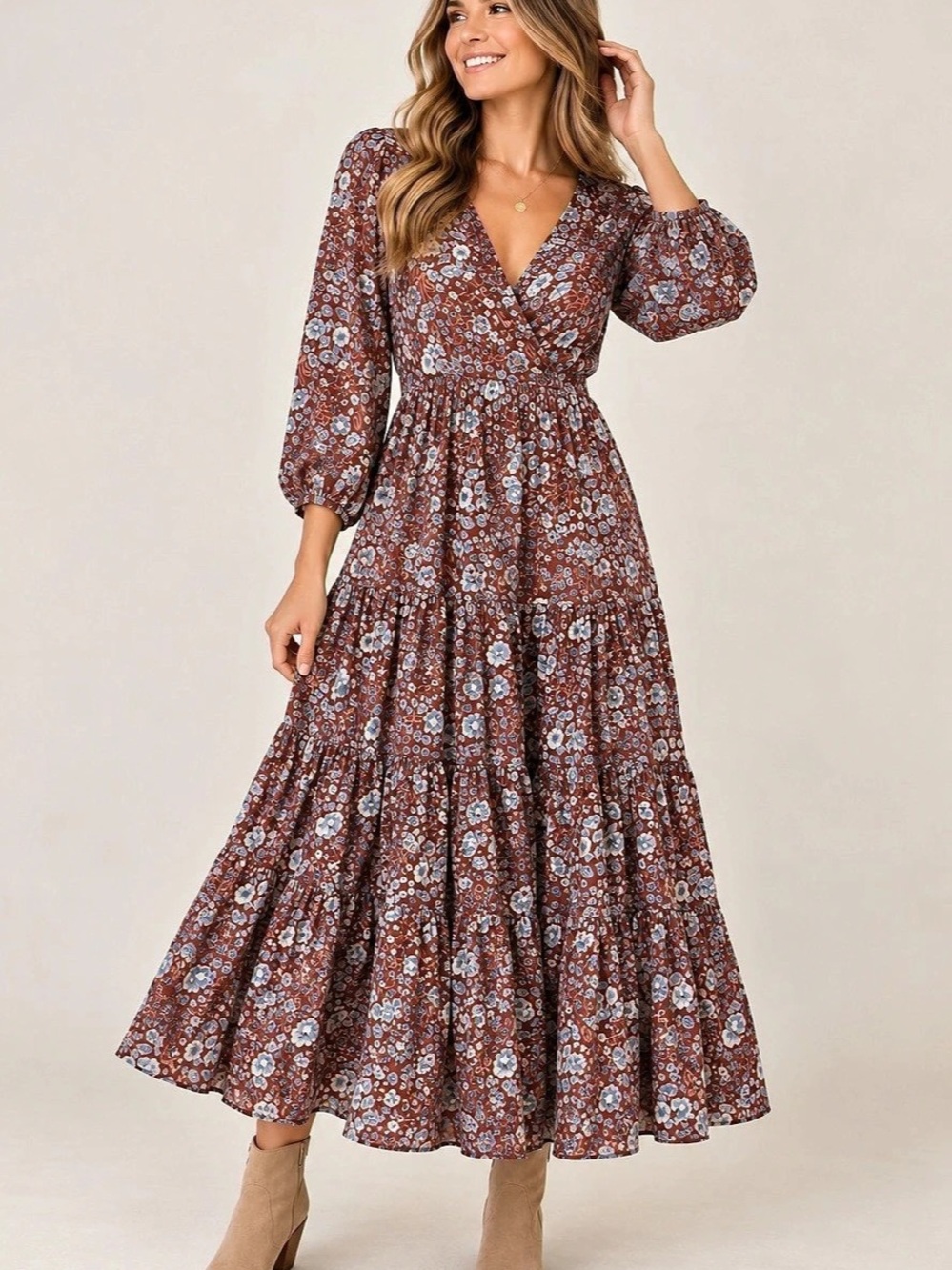 Madewell Georgette V-Neck Tiered Midi Dress in Enchanted Floral Brown & Blue